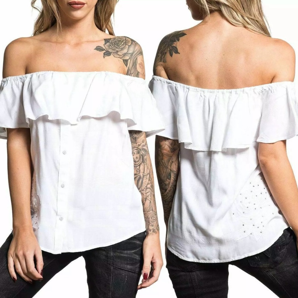 Affliction Sydney Rose Rhinestone Women’s Off Shoulder Button Up Ruffle Medium